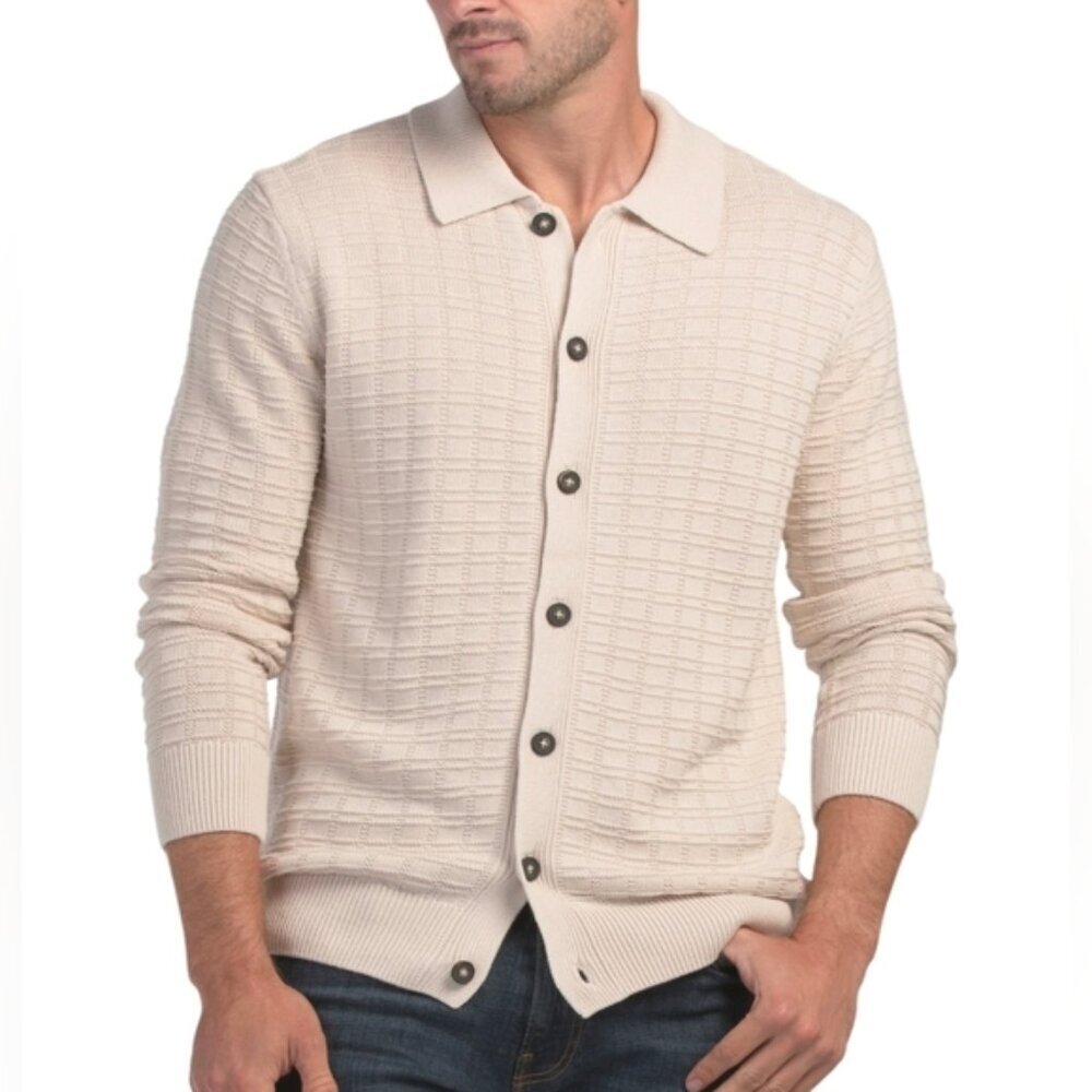 CHRISTIAN LACROIX Cardigan Sweater Button Down Checkered Knit Wht Sand SZ L